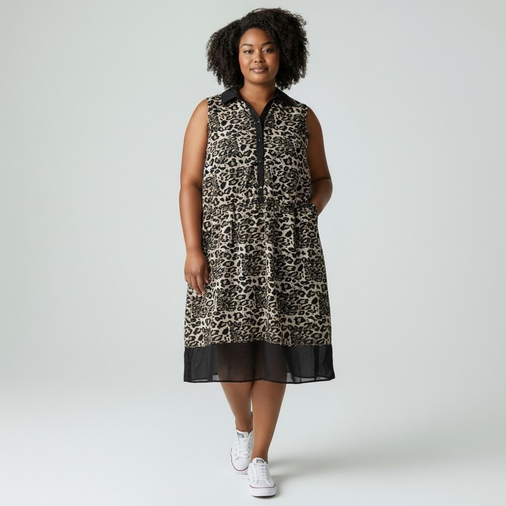 Midi dress leopard print pattern black collar Button Placket And Hem sheer dress